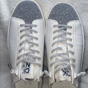 DKNY White Leather Sneakers with Silver Glitter Toes